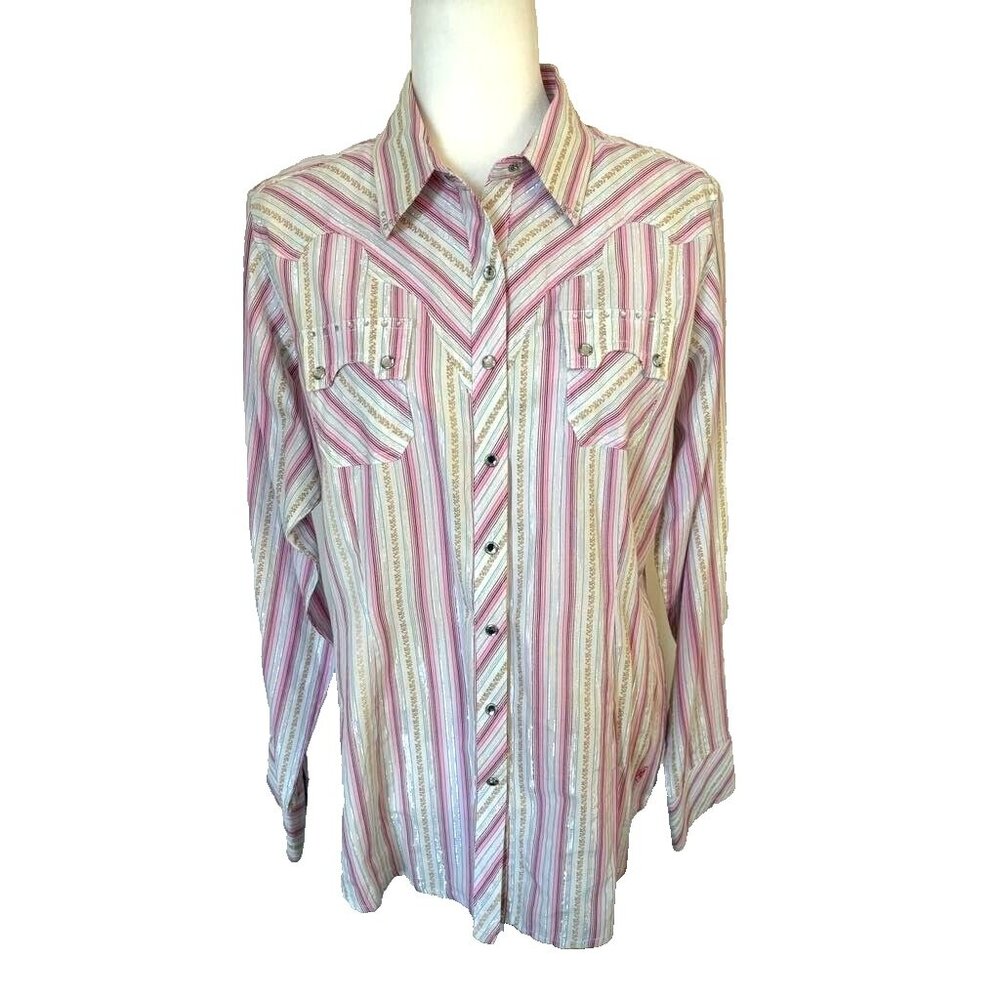 ARIAT Womens Western Shirt Size Large Pink Metallic Striped Rhinestone Snaps